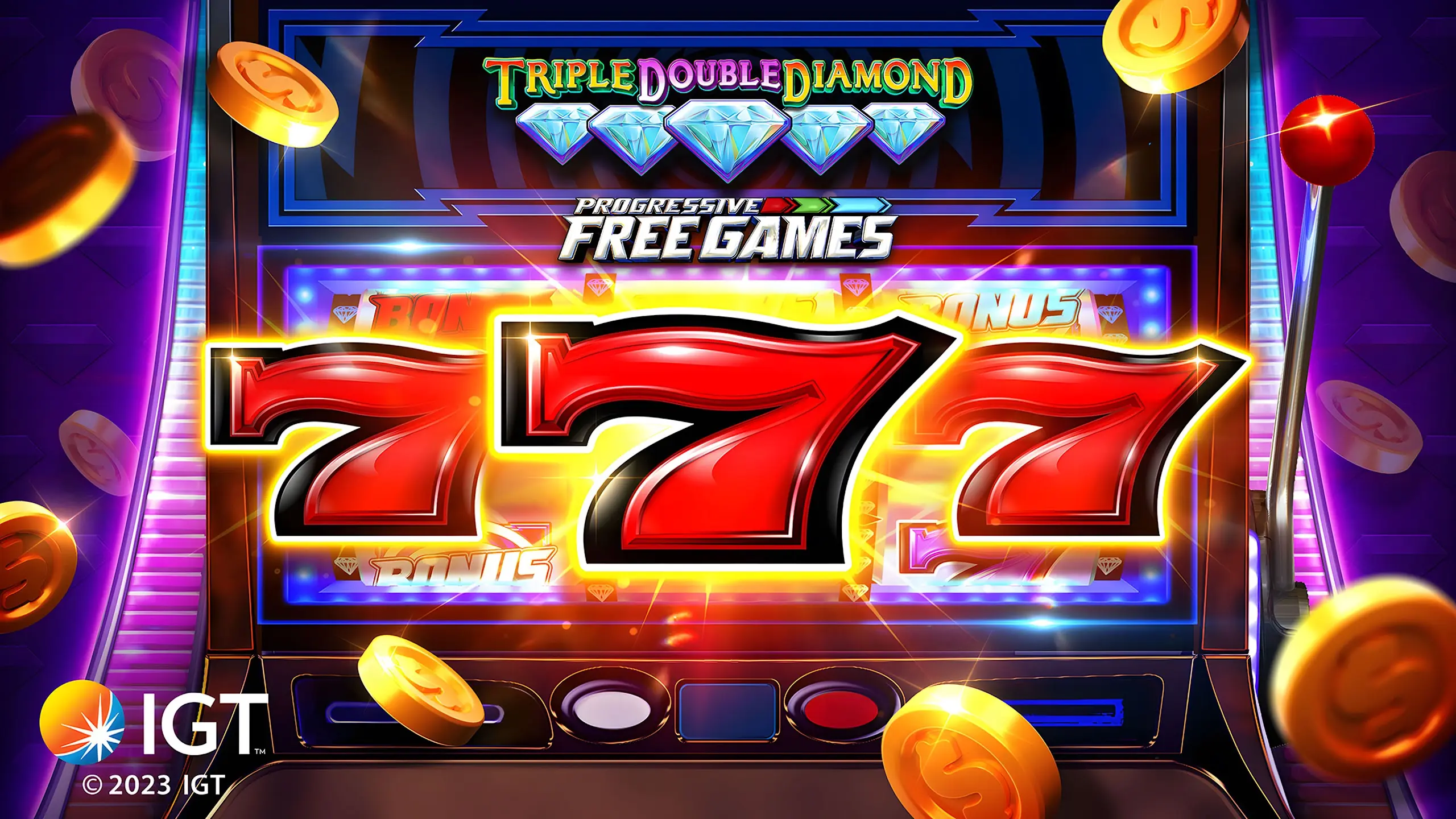 Three red sevens and diamond symbols in illustrated slot reels