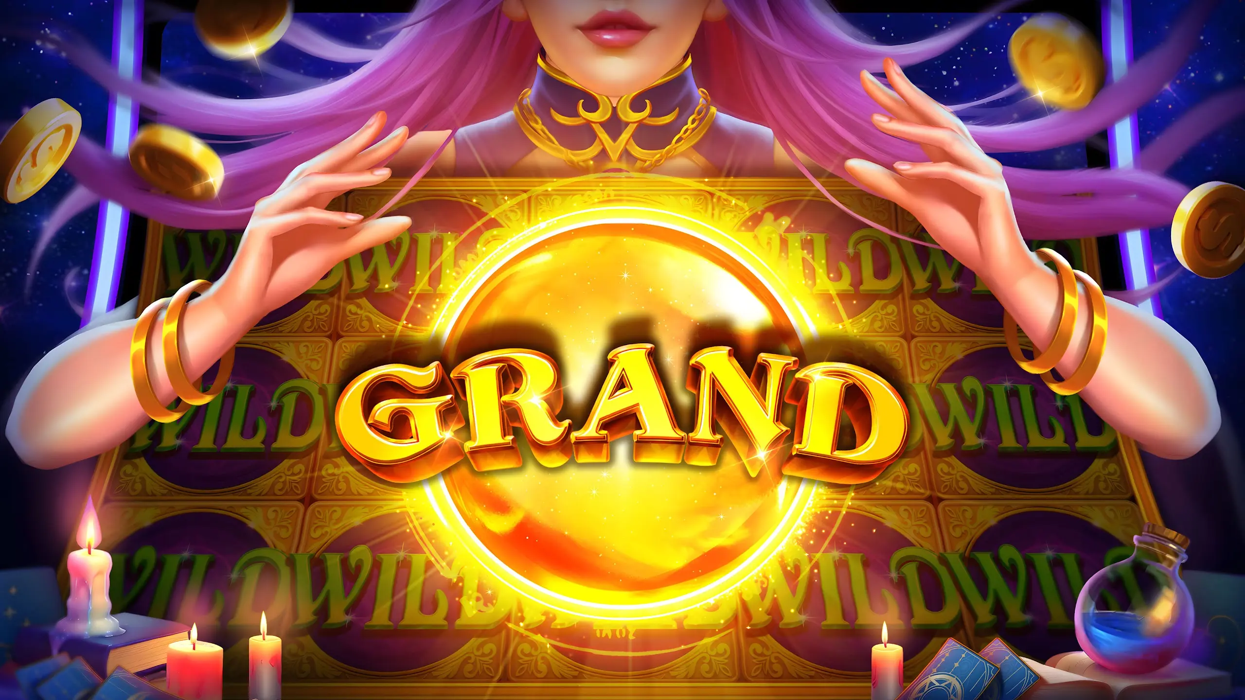 A fortune teller holding a glowing orb above themed slot reels